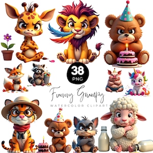 May include: A collection of watercolor clipart featuring various grumpy cartoon animals, including a giraffe, lion, bear, fox, raccoon, pig, unicorn, tiger, wolf, and sheep. The image includes the text "Funny Grumpy Watercolor Clipart" and a "38 PNG" graphic.