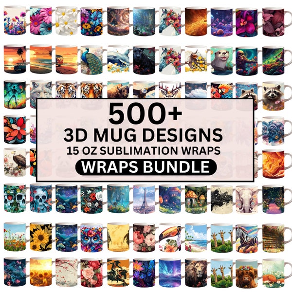 Plus de 500 mugs 3D en sublimation, emballage de fleurs pour mug, Mug 15 oz PNG, Mug papillon, Mug animal, Mugs à café, Designs PNG pour emballage de mug