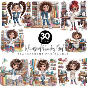 May include: A digital art bundle featuring illustrations of a whimsical, quirky girl in various poses. The images include the text "30 PNG" and "Whimsical Quirky Girl Transparent PNG Bundle". The girl is depicted in a studio setting.