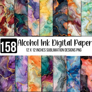 May include: A selection of 158 alcohol ink digital paper designs. The designs showcase swirling patterns in various colours, including purple, gold, teal, and orange. The text reads "12 X 12 INCHES SUBMLIMATION DESIGNS PNG".