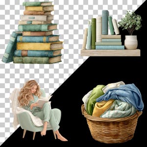 May include: Watercolor illustration featuring stacks of vintage books in various colors, a shelf with books and a potted plant, a woman reading in a chair, and a wicker basket filled with folded clothes.