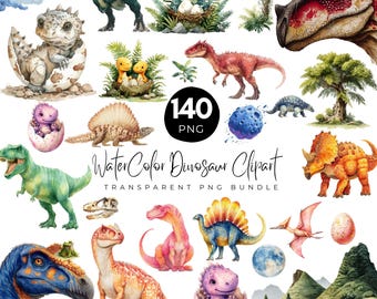 140 Watercolor Dinosaur Clipart, Cute Dinosaur Bundle, Nursery Decor, Dino Birthday Party Decor Png, Dinosaur Nursery Art, Transparent PNG