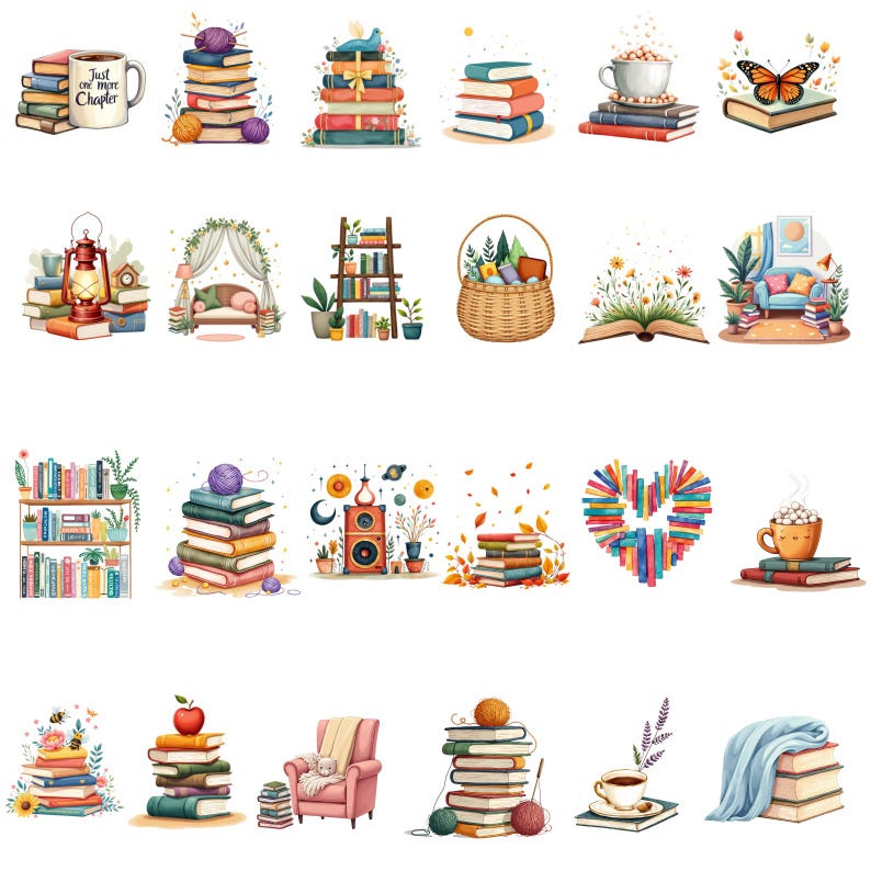 K&ouml;nnte beinhalten: Eine Sammlung von Aquarellillustrationen mit B&uuml;cherstapeln, Tassen und gem&uuml;tlichen Leseszenen. Jedes Bild zeigt B&uuml;cher mit dekorativen Elementen wie Garn, Blumen und Schmetterlingen, die ein Thema des Lesens und der Entspannung hervorrufen.