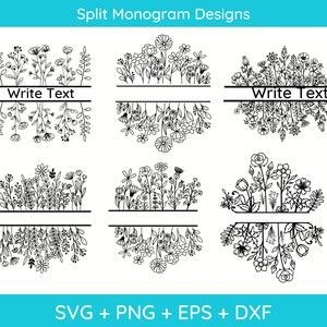 May include: Six black and white floral designs for split monograms. Each design features a different arrangement of flowers and leaves. The text "Write Text" appears twice in the image.