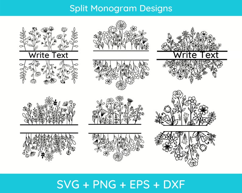 May include: Six black and white floral designs for split monograms. Each design features a different arrangement of flowers and leaves. The text "Write Text" appears twice in the image.