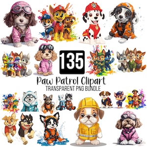 135 Paw Patrol-clipartbundel, kinderverjaardagsontwerpen, Dog Patrol, puppy's PNG-bundel, DIY Kids Party-decor, digitale achtergronden