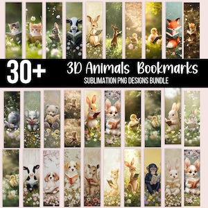 30 3D-Tiere Lesezeichen PNG Bundle, süße Waldtier Designs, Hase, Bär, Fuchs Lesezeichen, Kinder Lesegeschenke, printable Sublimation