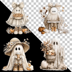 May include: A collection of four illustrations featuring ghosts draped in white fabric. One ghost holds a pie, another bakes at a table, one wears a straw hat while holding a coffee cup, and the last carries a basket of pumpkins and dried flowers.