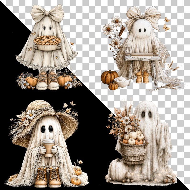 May include: A collection of four illustrations featuring ghosts draped in white fabric. One ghost holds a pie, another bakes at a table, one wears a straw hat while holding a coffee cup, and the last carries a basket of pumpkins and dried flowers.