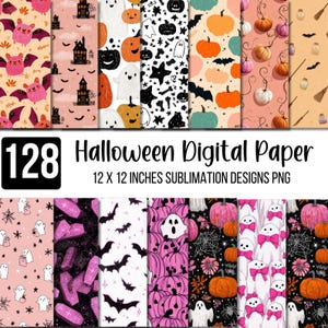 128 Halloween Digital Paper Bundle, Vintage Halloween Png, Classic Halloween Scrapbook Paper, Pink & Orange Halloween Skull Spiders Texture