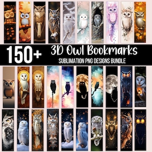 150+ 3D-uil bladwijzers, sublimatie PNG-bundel, Fantasy Owl Art, mystieke bladwijzerset, digitale download