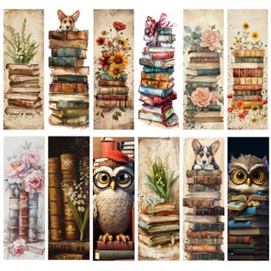 May include: A set of watercolour bookmarks depicting stacks of old books. Each bookmark has a different design, including flowers, an owl, a corgi, and tied books, all set against a textured, aged paper background.