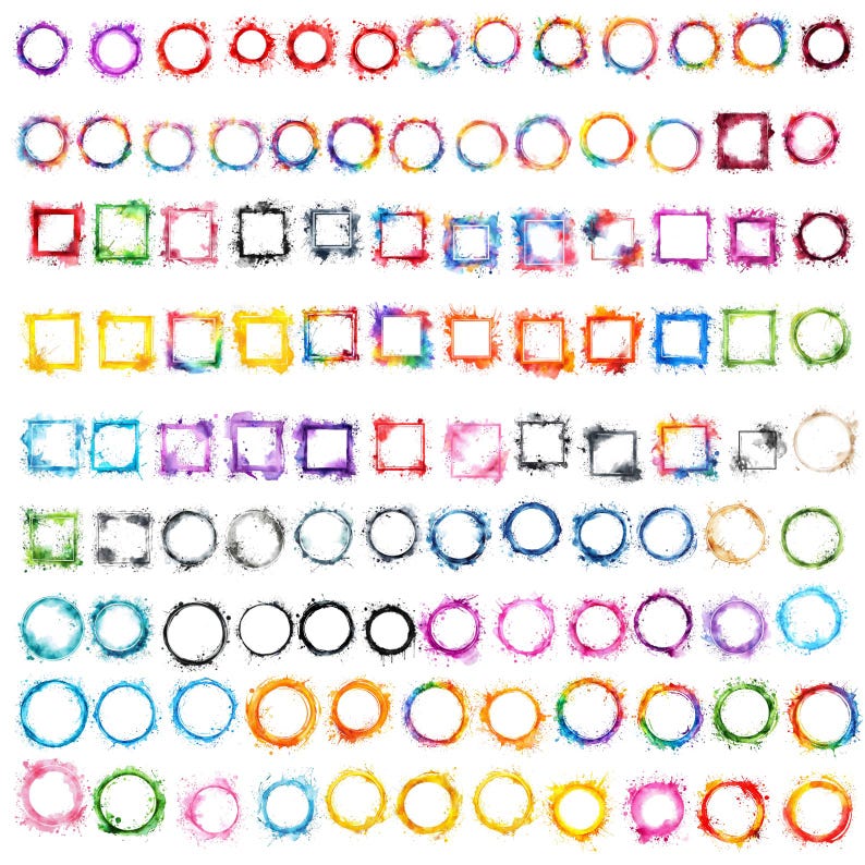 May include: A selection of watercolour circles and squares with a splattered paint effect. The shapes are in various sizes and colours, including red, blue, yellow, and purple. The design is artistic and abstract, suitable for graphic design or decorative purposes.