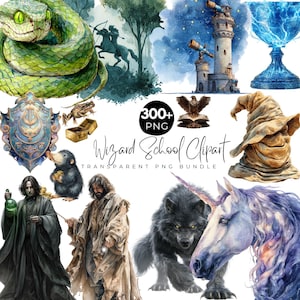 Peut inclure: Ensemble d'illustrations à l'aquarelle sur le thème de l'école de sorcellerie. Comprend un serpent vert, une tour de sorcier, un chapeau de sorcier, un loup, une licorne et d'autres éléments magiques. Le texte "Wizard School Clipart" est également présent.