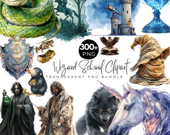 300+ Wizard School Clipart Bundle, Halloween Clipart, Watercolor Witch and Wizard, Magic Animals clipart, Magic Potion, Instant Download