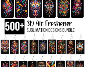 May include: A collection of 500+ 3D air freshener sublimation designs. The designs feature colorful, abstract patterns and psychedelic imagery.
