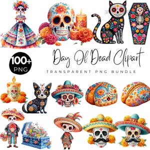 Day Of Dead Clipart Png Bundle, Watercolor Day of the Dead, Sugar Skull, Ghost PNG, Catrina Doll, Fiesta, Skeleton Shirt, Digital download