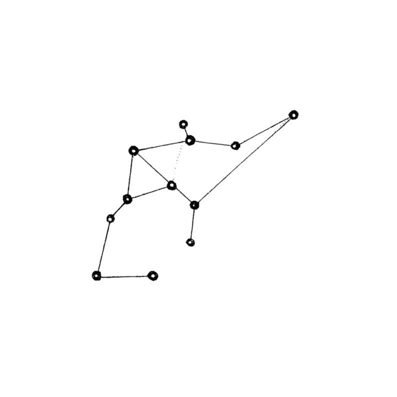 May include: A black and white line drawing of the Aquarius constellation. The constellation is depicted with connected circles and lines against a white background. The design is simple and minimalist.