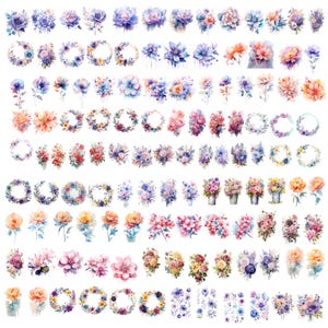 May include: A selection of watercolour floral designs in various arrangements. The image features individual flowers, bouquets, wreaths, and floral clusters in shades of purple, blue, pink, orange, and yellow. The designs are delicate and artistic.