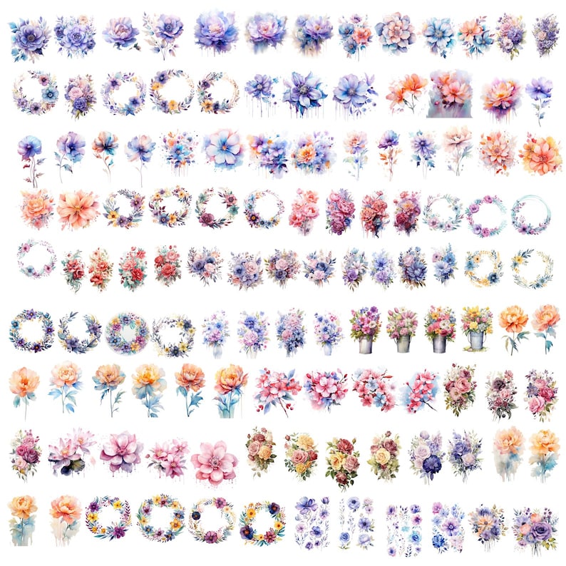 May include: A selection of watercolour floral designs in various arrangements. The image features individual flowers, bouquets, wreaths, and floral clusters in shades of purple, blue, pink, orange, and yellow. The designs are delicate and artistic.