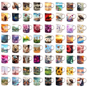Puede incluir: Un conjunto de 64 tazas de cer&aacute;mica coloridas con varios dise&ntilde;os. Las tazas presentan una variedad de temas, incluyendo animales, naturaleza y patrones abstractos. Las tazas son todas blancas con un acabado brillante.