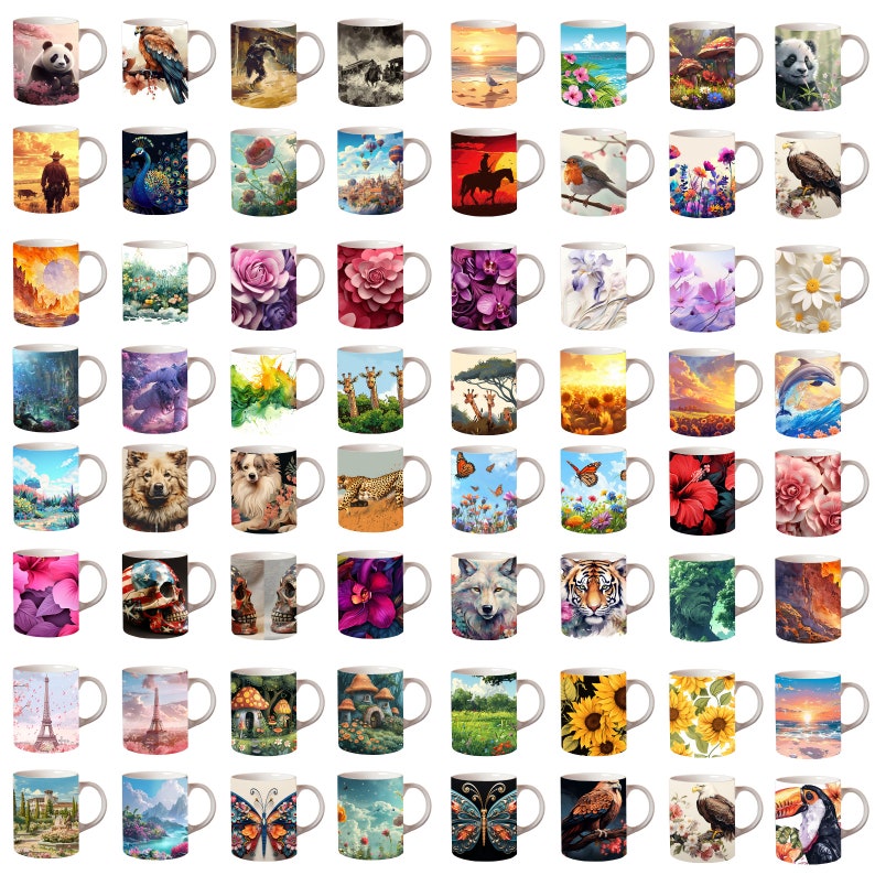 Puede incluir: Un conjunto de 64 tazas de cer&aacute;mica coloridas con varios dise&ntilde;os. Las tazas presentan una variedad de temas, incluyendo animales, naturaleza y patrones abstractos. Las tazas son todas blancas con un acabado brillante.
