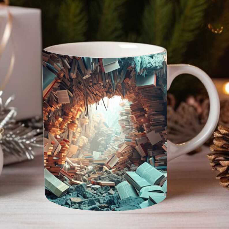 May include: White ceramic mug with a colorful image of a tunnel made of stacked books. The tunnel leads to a bright light at the end.