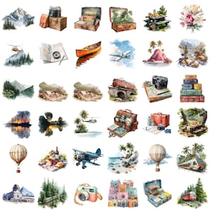 May include: Watercolor illustrations of travel-themed objects, including suitcases, cameras, a hot air balloon, and a vintage airplane. The images feature mountains, lakes, and a train, evoking a sense of adventure and exploration.