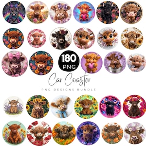 Puede incluir: Un conjunto de 20 posavasos para coche con varios diseños de vacas de las Tierras Altas. Cada posavasos es redondo y muestra una ilustración diferente de una vaca, rodeada de flores, arcoíris u otros elementos decorativos. También se ve el texto "180 PNG Car Coaster PNG Designs Bundle".