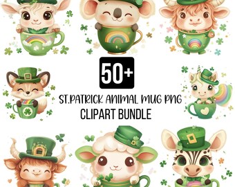 50+ St. Patrick Animal Mug PNG Clipart Bundle, Cute Animal Coffee Mug Wraps, Festive Irish, St Patrick’s Day Sublimation, Digital Download