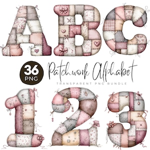 May include: A digital graphic set featuring the letters A, B, C and numbers 1, 2, 3 designed with a patchwork quilt aesthetic in shades of pink, grey, and cream. The text 36 PNG Patchwork Alphabet Transparent PNG Bundle is included.