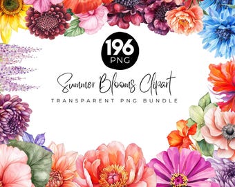 196 Sommerblüten Clipart-Bundle, Aquarell Sommerblumen Png, Wildblumen png, Sommerblüten lebendig, Aquarell Blumen Elemente