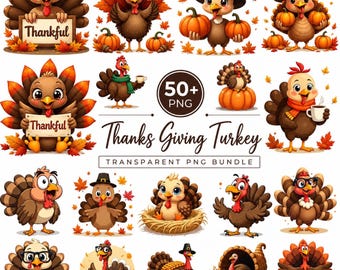 Peut inclure: Une collection numérique de plus de 50 illustrations de dindes de Thanksgiving représentant divers dessins animés de dindes dans des tons marron, orange et rouge. Les images incluent des dindes avec des citrouilles, des feuilles d'automne et des panneaux Thankful.