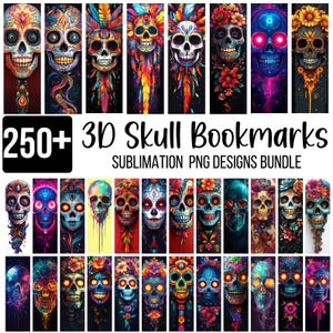 250+ 3D-Schädel-Lesezeichen, Zuckerschädel PNG, Halloween-Lesezeichen-Bundle, Tag der Toten Clipart, Sublimationsschädel-Lesezeichen, Gothic PNG