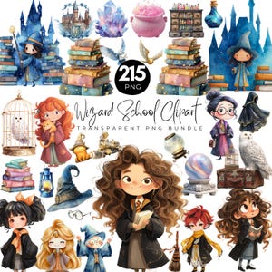 Op de afbeelding: Een verzameling aquarel tovenaars-thema clipart elementen. Bevat illustraties van personages, boeken, kastelen, drankjes, uilen en andere magische items. De tekst "Wizard School Clipart" is ook aanwezig.