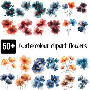 Paquete de más de 50 imágenes prediseñadas de flores de acuarela, conjunto de imágenes prediseñadas florales PNG, imágenes prediseñadas de flores silvestres, imágenes prediseñadas de flores transparentes, imágenes prediseñadas de sublimación, descarga digital