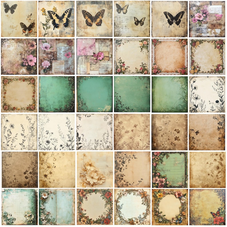 May include: A collection of vintage-style scrapbook paper squares. The designs include butterflies, floral arrangements, and botanical illustrations. The color palette features muted tones of beige, green, and pink, with a distressed, aged appearance.