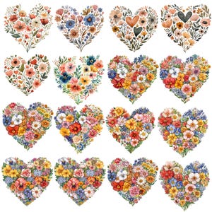 May include: A collection of sixteen heart-shaped floral arrangements. Each heart is composed of various flowers in a range of colors, including red, orange, yellow, blue, and pink. The floral hearts are arranged in a grid pattern.