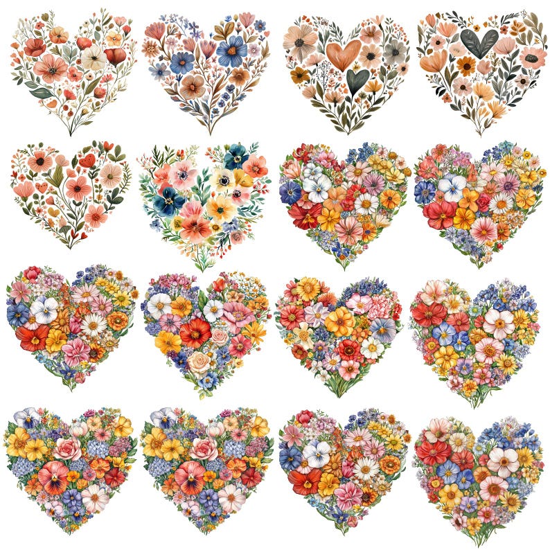 May include: A collection of sixteen heart-shaped floral arrangements. Each heart is composed of various flowers in a range of colors, including red, orange, yellow, blue, and pink. The floral hearts are arranged in a grid pattern.