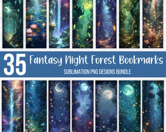 Fantasy Night Forest bladwijzerbundel, Starry Night Forest bladwijzer, bladwijzer sublimatie ontwerpen, afdrukbare bladwijzer PNG, digitale download
