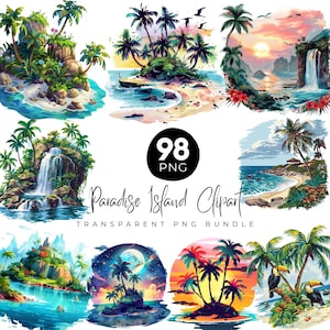 98 Paradise Island Clipart Bundle, Summer Vibes Clipart Png, Sea Life Bundle, Waterfall Sunset, Sunrise, Maldives Vacation, Cocktail