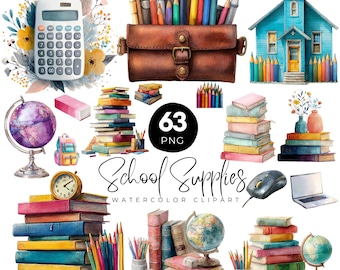 May include: Watercolor illustration of school supplies, including stacks of books, pencils, a calculator, a globe, and a blue schoolhouse. The image includes the text "School Supplies WATERCOLOR CLIPART" and a "63 PNG" graphic.