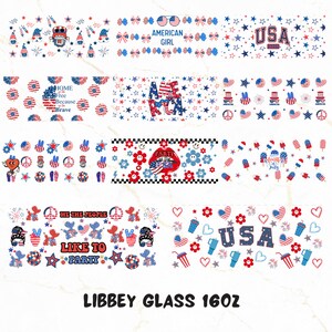 May include: A set of 10 reusable 16 oz. glass tumblers with a variety of patriotic designs. The designs include stars, stripes, hearts, fireworks, and text like "USA", "American Girl", "We the People", "Like to Party", "Home Free Because Brave", "Party in the USA", "Fourth of July", and "Libbey Glass 16oz".