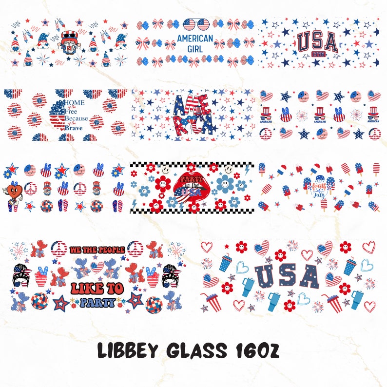 May include: A set of 10 reusable 16 oz. glass tumblers with a variety of patriotic designs. The designs include stars, stripes, hearts, fireworks, and text like "USA", "American Girl", "We the People", "Like to Party", "Home Free Because Brave", "Party in the USA", "Fourth of July", and "Libbey Glass 16oz".