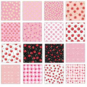 K&ouml;nnte beinhalten: Eine Sammlung von sechzehn quadratischen Mustern. Die Muster umfassen G&auml;nsebl&uuml;mchen, Kirschen, Blumen, Schleifen und Vichy-Karo in Rosa-, Rot- und Wei&szlig;t&ouml;nen. Geeignet f&uuml;r verschiedene Bastelprojekte.