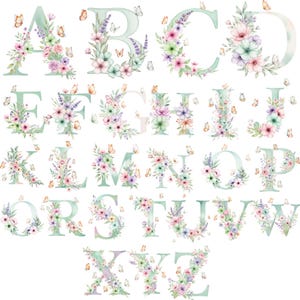May include: A complete alphabet of watercolor letters, each adorned with floral arrangements and butterflies. The letters are in a soft, mint green color, with flowers in pastel shades of pink, purple, and green. Butterflies flutter around each letter, creating a whimsical and delicate design.