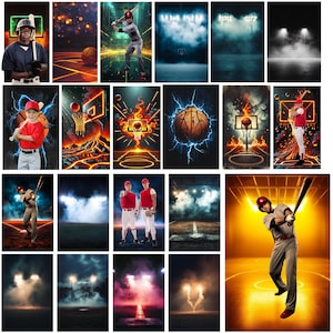 May include: A collection of digital art featuring basketball and baseball themes. The images showcase players, basketball hoops, and baseball bats with dynamic lighting effects and vibrant colors, creating a sense of action and energy.