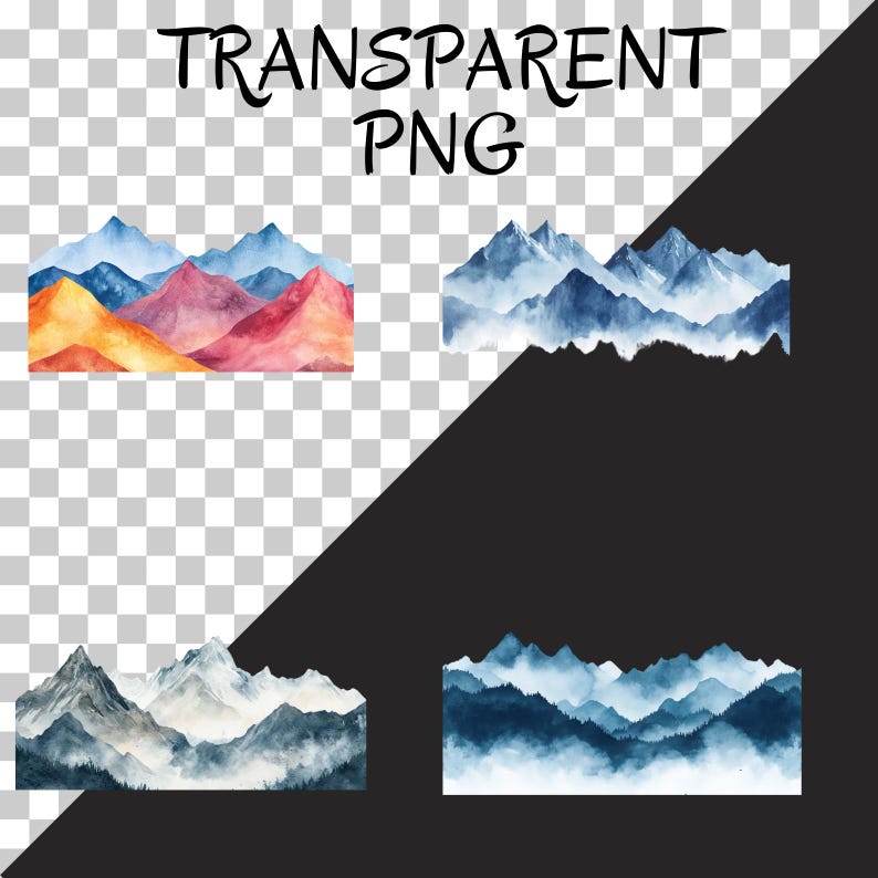 May include: Four watercolour illustrations of mountain ranges with blue, grey, and red hues. The mountains are layered with fog and clouds. The illustrations are on a transparent background.