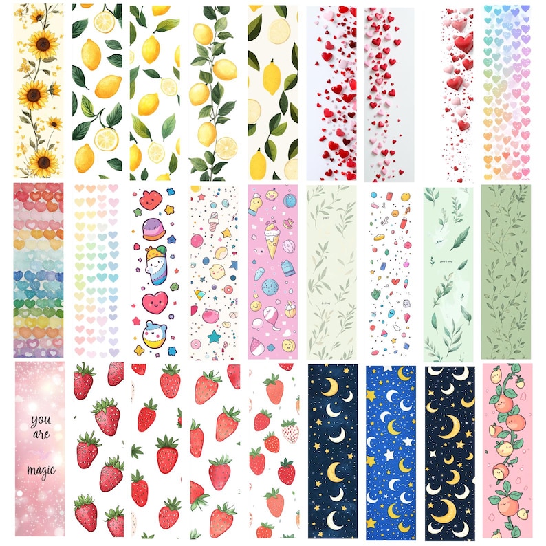 May include: A collection of decorative bookmarks with various designs. The designs include sunflowers, lemons, hearts, cute characters, strawberries, moons and stars, and peaches. One bookmark has the text "you are magic".