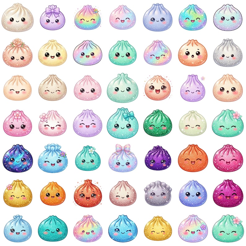 May include: A collection of forty-nine individual dumpling illustrations arranged in a grid. Each dumpling features a unique color, glittery texture, and a distinct facial expression with large eyes and a small mouth, some adorned with small floral accents.